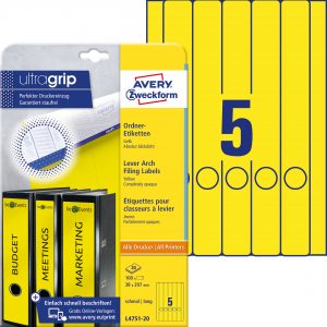 Etykiety na segregatory Avery Zweckform; A4, 20 ark./op., 38 x 297 mm, żółte