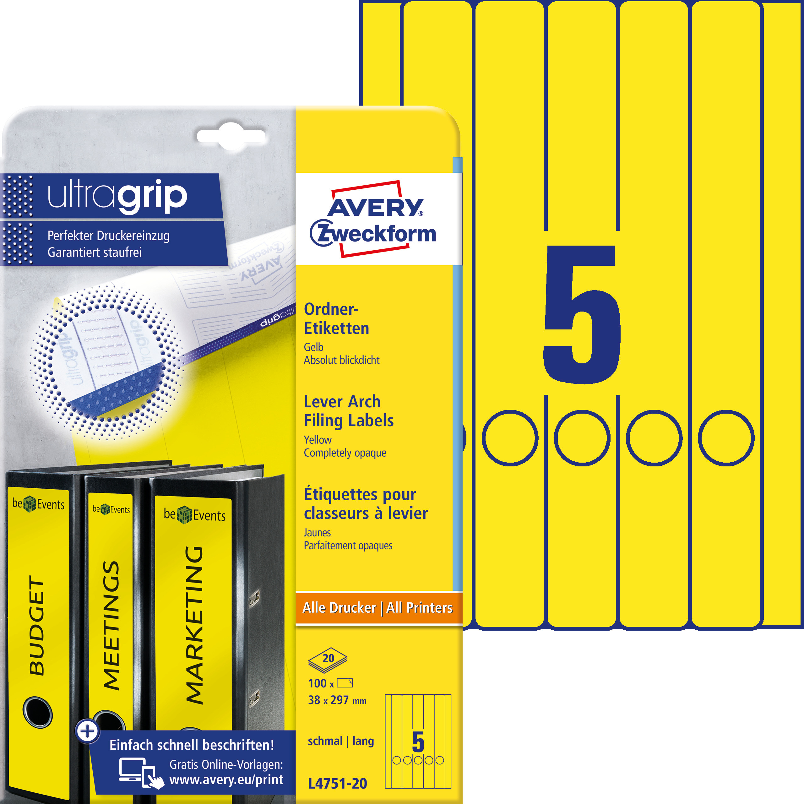 Etykiety na segregatory Avery Zweckform; A4, 20 ark./op., 38 x 297 mm, żółte
