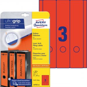 Etykiety na segregatory Avery Zweckform; A4, 20 ark./op., 61 x 297 mm, czerwone