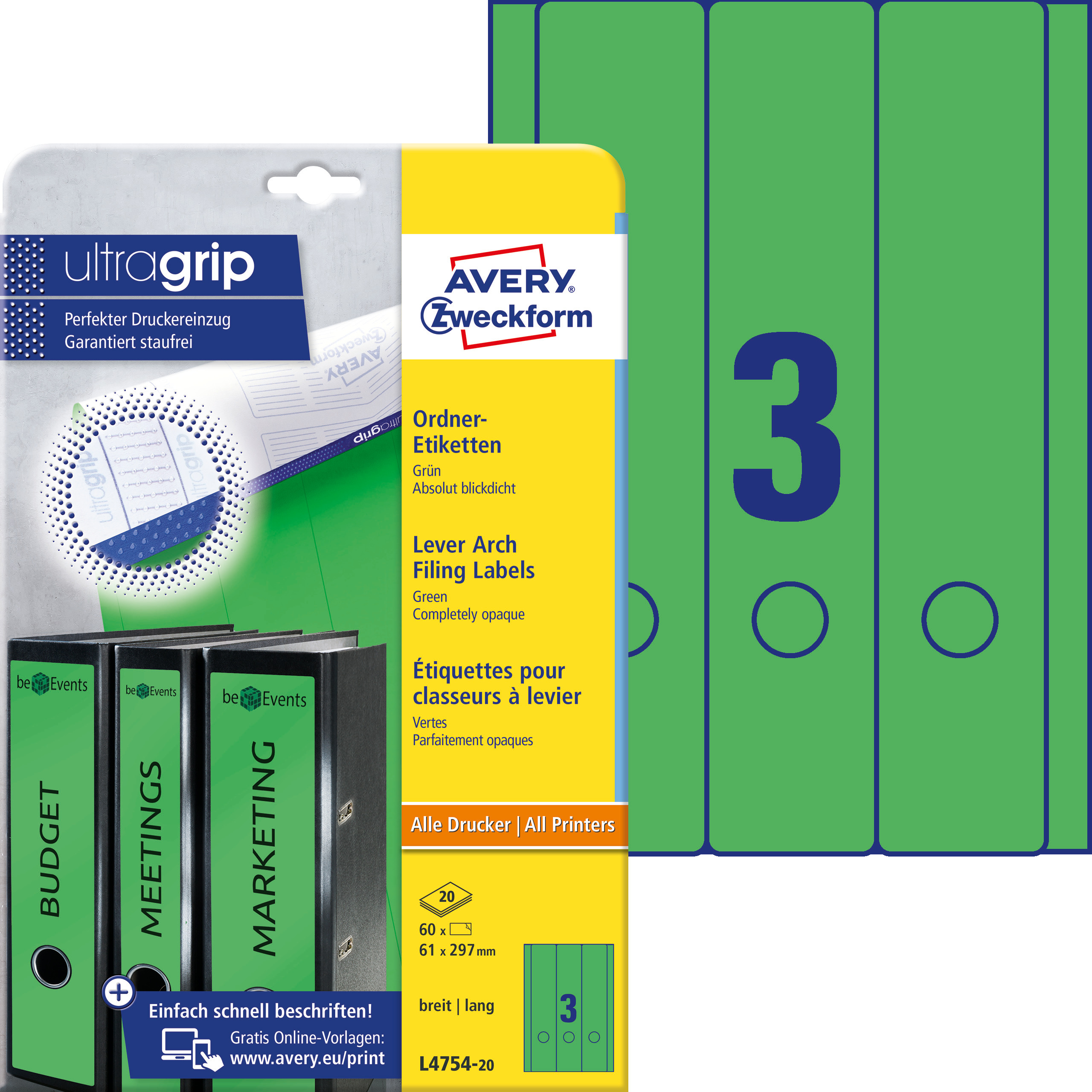 Etykiety na segregatory Avery Zweckform; A4, 20 ark./op., 61 x 297 mm, zielone