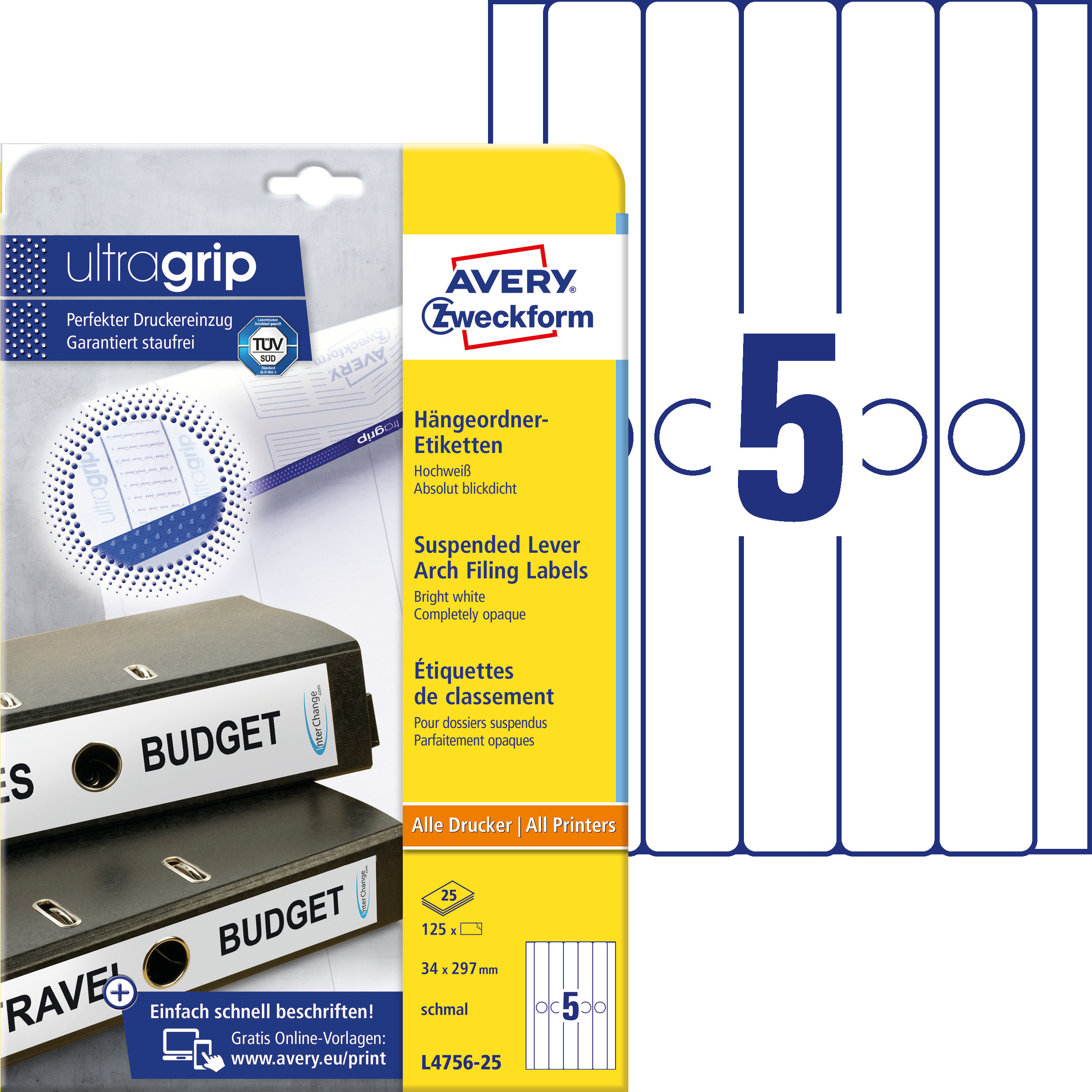 Etykiet na segegatory podwieszane Avery Zweckform; A4, 25 ark./op., 34 x 297 mm, białe, wąskie