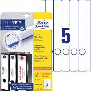 Etykiety na segregatory Avery Zweckform; A4, 30 ark./op., 38 x 297 mm, białe