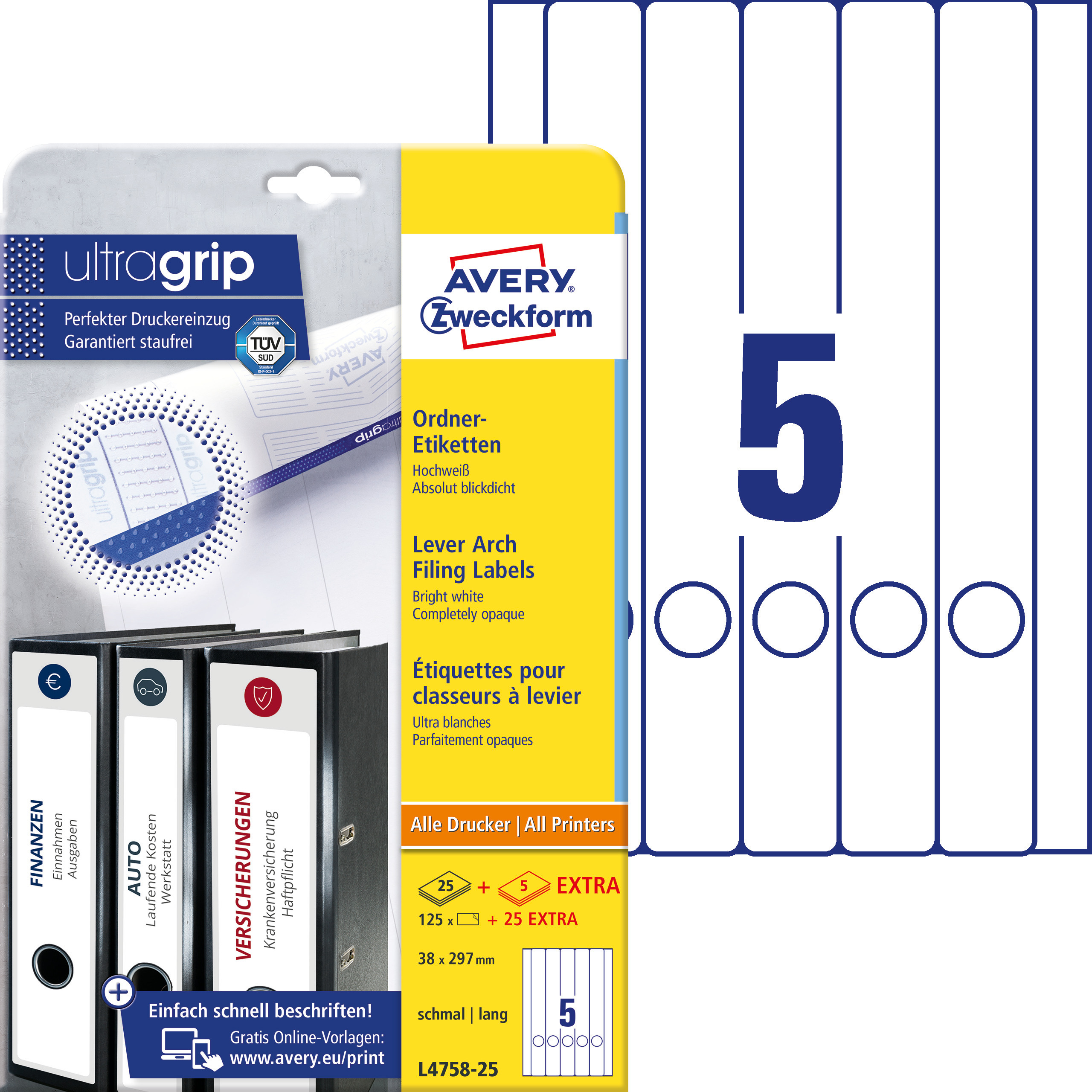 Etykiety na segregatory Avery Zweckform; A4, 30 ark./op., 38 x 297 mm, białe