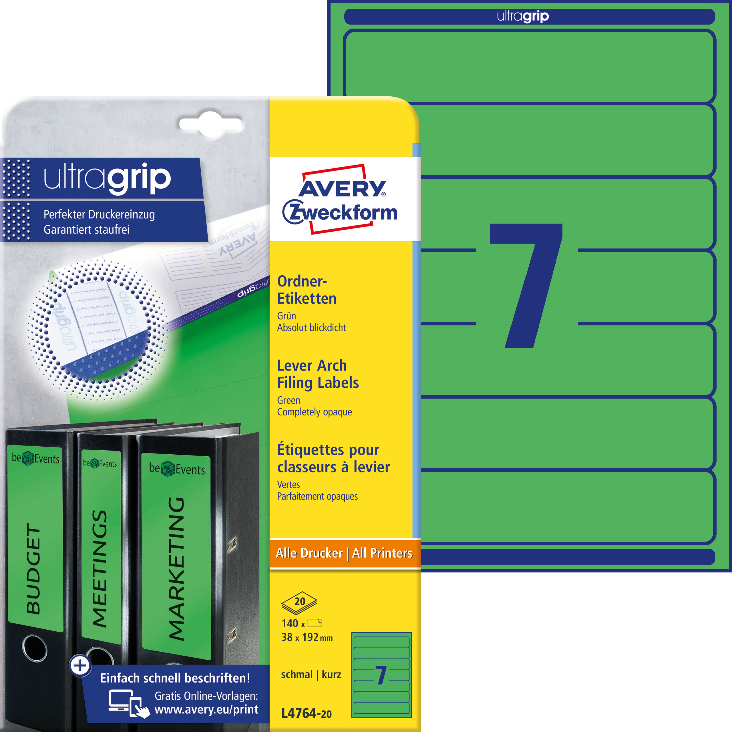 Etykiety na segregatory Avery Zweckform; A4, 20 ark./op., 38 x 192 mm, zielone