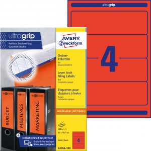 Etykiety na segregatory Avery Zweckform; A4, 100 ark./op., 61 x 192 mm, czerwone