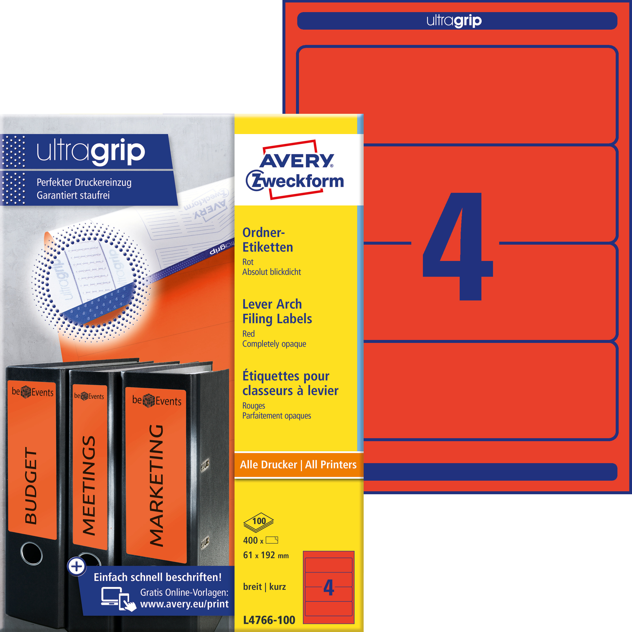 Etykiety na segregatory Avery Zweckform; A4, 100 ark./op., 61 x 192 mm, czerwone