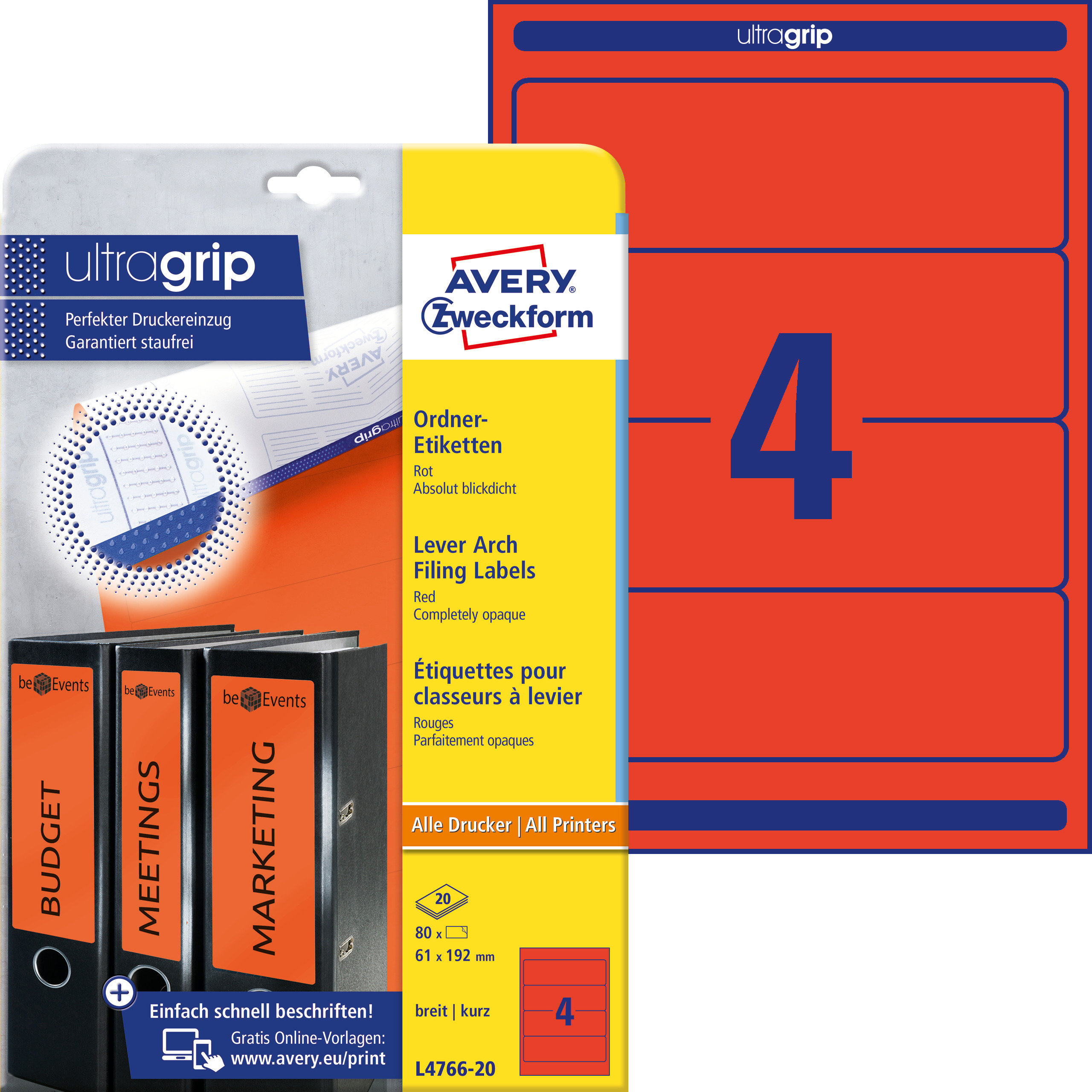 Etykiety na segregatory Avery Zweckform; A4, 20 ark./op., 61 x 192 mm, czerwone