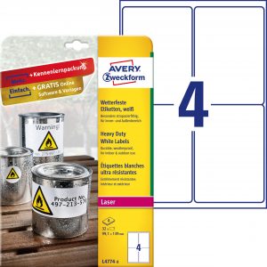 Etykiety Heavy Duty Avery Zweckform; A4, 8 ark./op., 99,1 x 139 mm, białe, poliestrowe