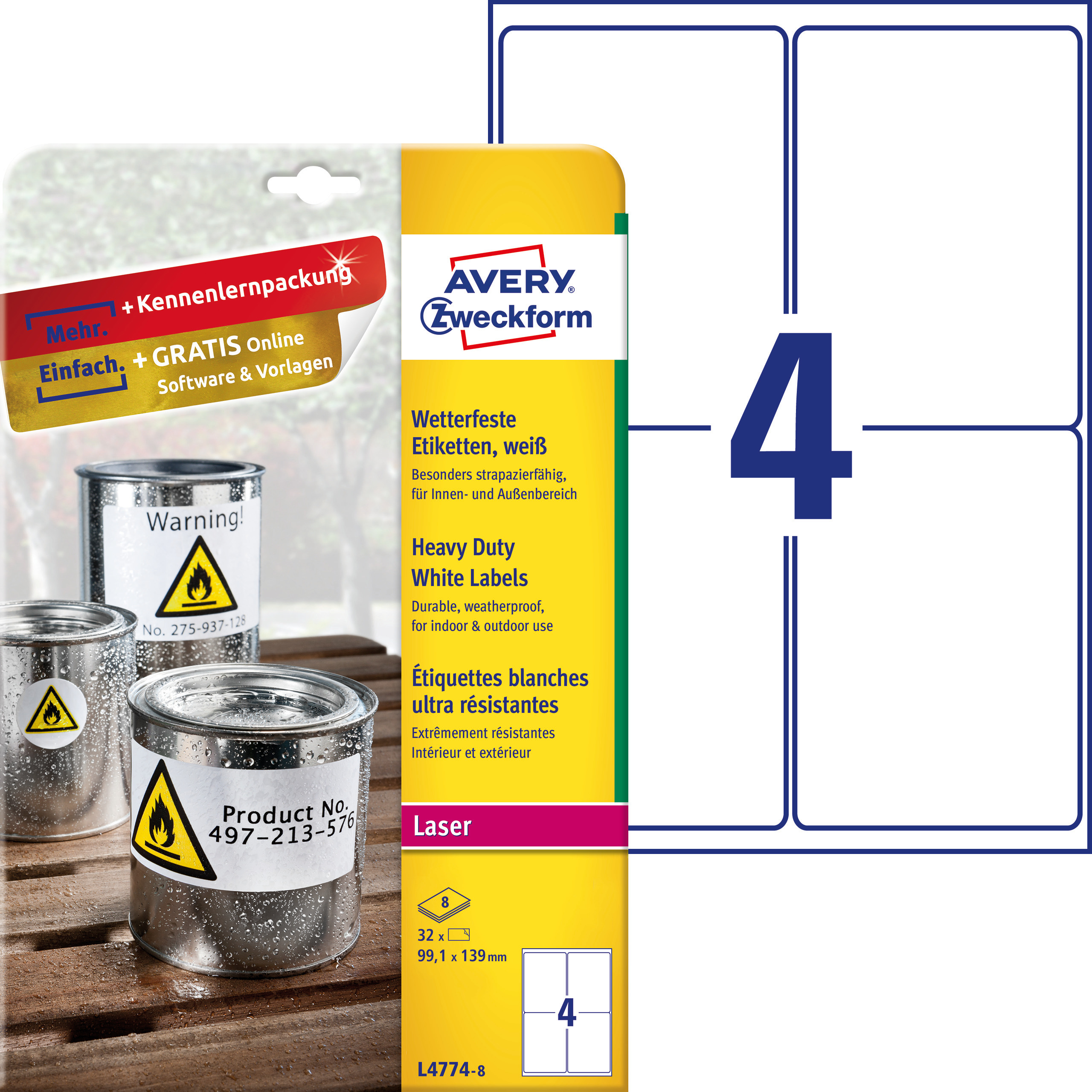 Etykiety Heavy Duty Avery Zweckform; A4, 8 ark./op., 99,1 x 139 mm, białe, poliestrowe