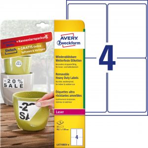 Etykiety Heavy Duty Avery Zweckform; A4, 8 ark./op., 99,1 x 139 mm, białe, poliestrowe - USUWALNE