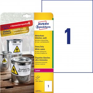 Etykiety Heavy Duty Avery Zweckform; A4, 8 ark./op., 210 x 297 mm, białe, poliestrowe