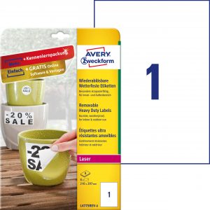 Etykiety Heavy Duty Avery Zweckform; A4, 8 ark./op., 210 x 297 mm, białe, poliestrowe -USUWALNE