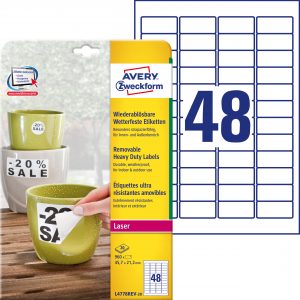 Etykiety Heavy Duty Avery Zweckform; A4, 20 ark./op., 45,7 x 21,2 mm, białe, poliestrowe -USUWALNE