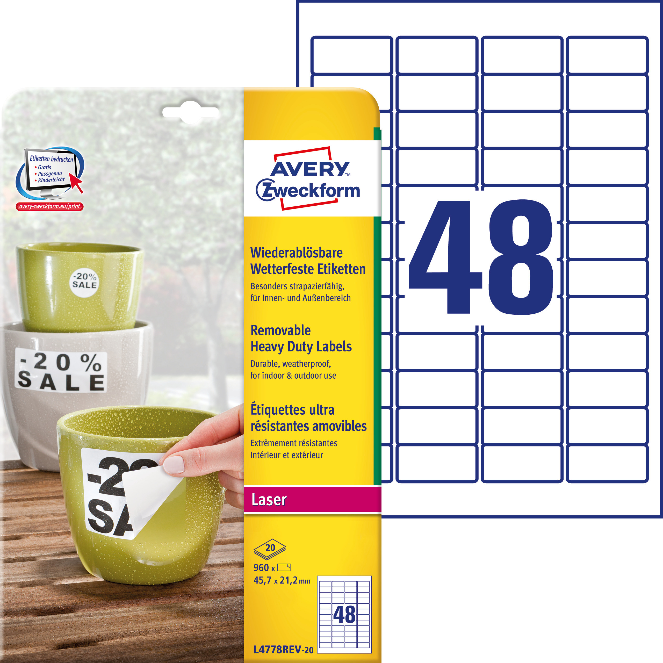 Etykiety Heavy Duty Avery Zweckform; A4, 20 ark./op., 45,7 x 21,2 mm, białe, poliestrowe -USUWALNE