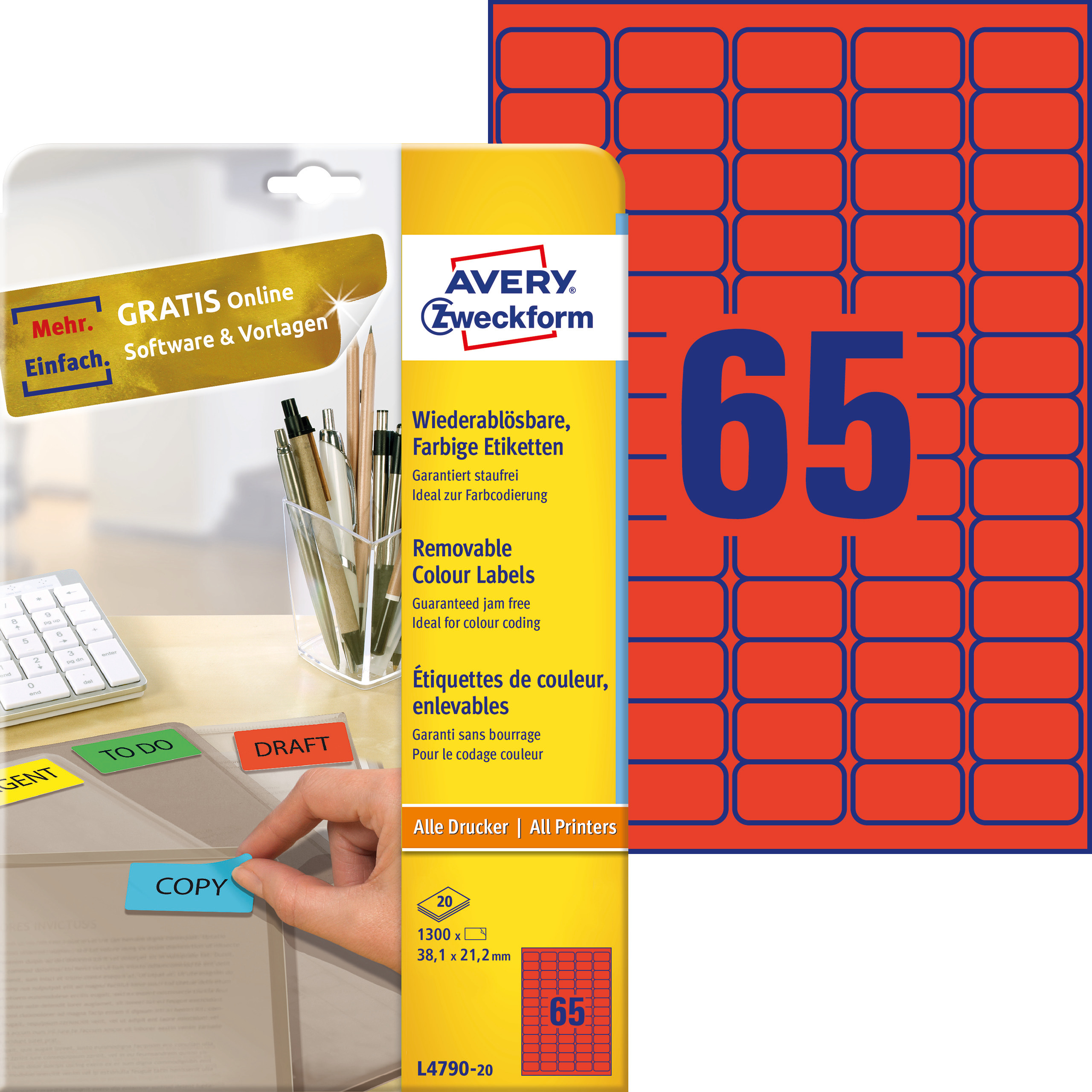 Etykiety usuwalne kolorowe Avery Zweckform; A4, 20 ark./op., 38,1 x 21,2 mm, czerwone