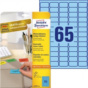 Etykiety usuwalne kolorowe Avery Zweckform; A4, 20 ark./op., 38,1 x 21,2 mm, niebieskie