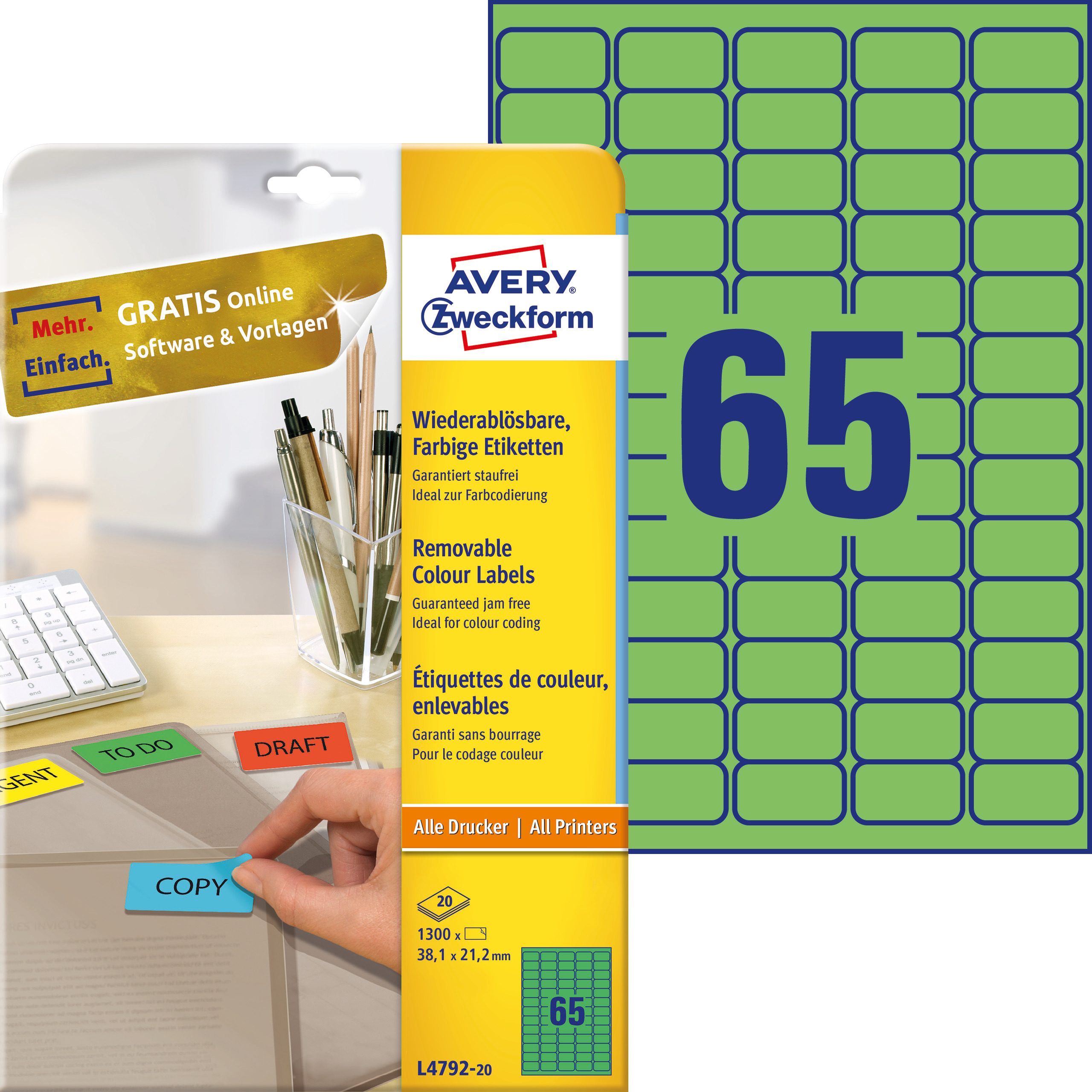 Etykiety usuwalne kolorowe Avery Zweckform; A4, 20 ark./op., 38,1 x 21,2 mm, zielone