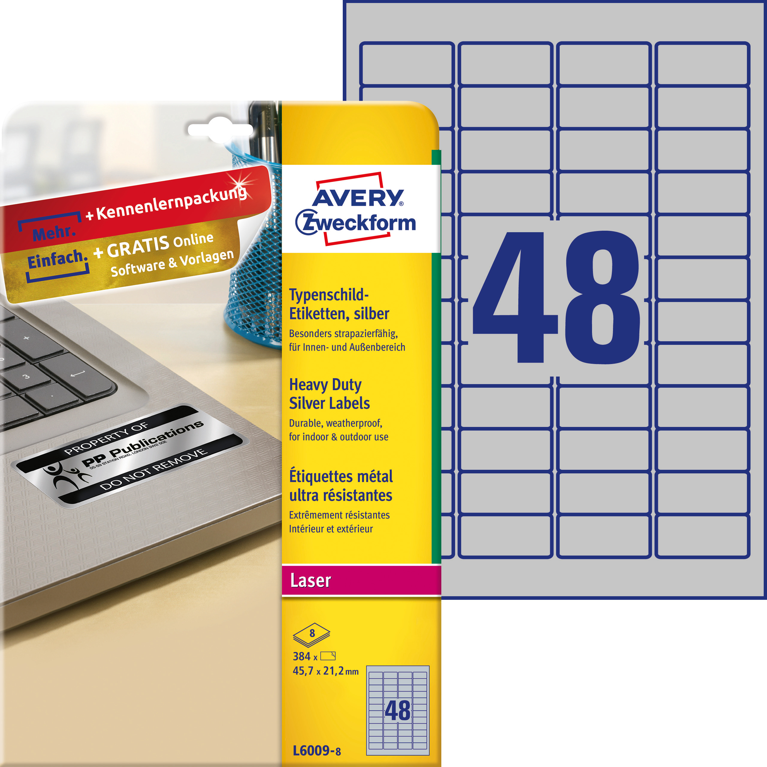 Etykiety znamionowe srebrne Avery Zweckform; A4, 8 ark./op., 45,7 x 21,2 mm, poliestrowe