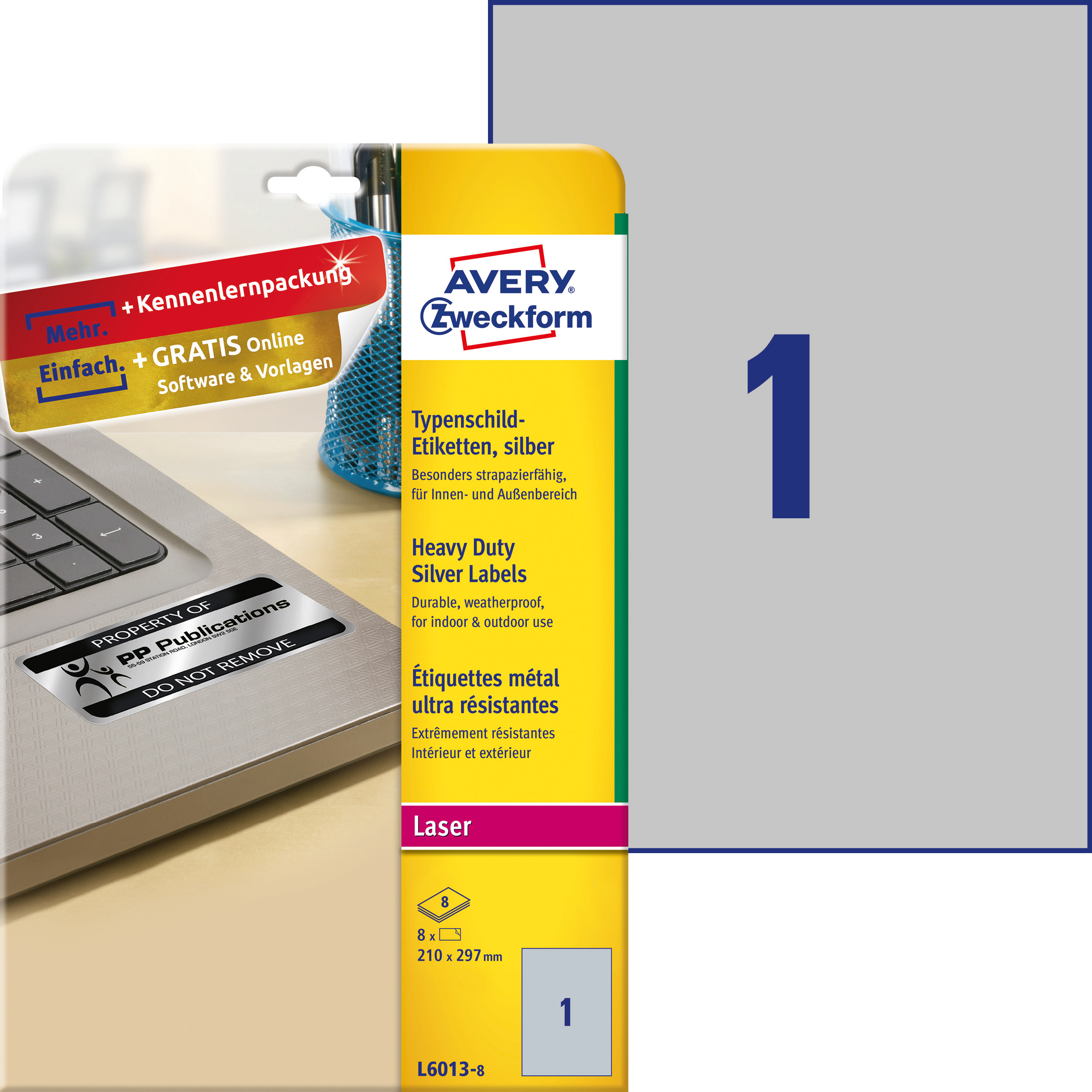 Etykiety znamionowe srebrne Avery Zweckform, A4, 8 ark./op., 210 x 297 mm, poliestrowe