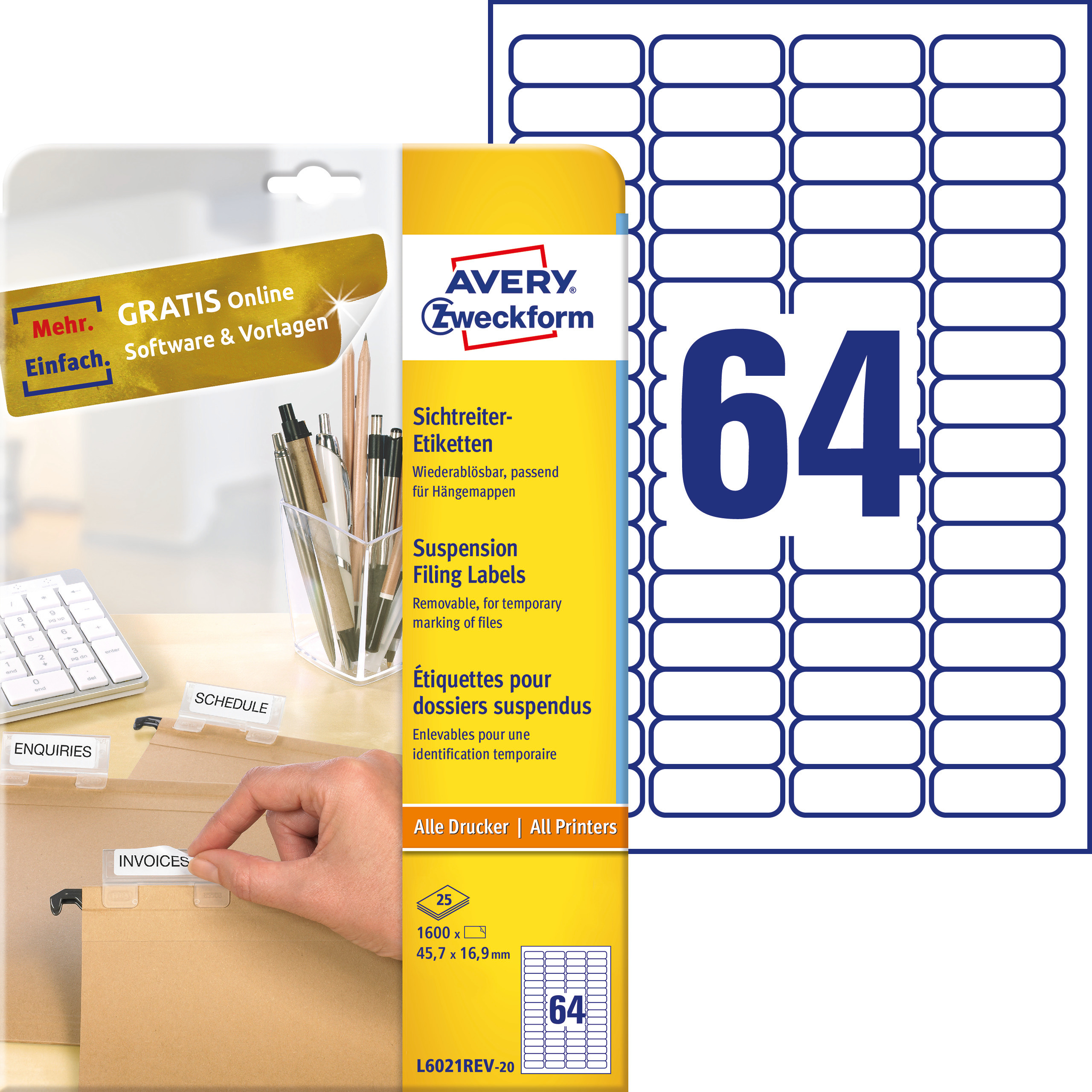 Etykiet na segegatory podwieszane Avery Zweckform; A4, 25 ark.,/op., 45,7 x 16,9 mm, białe, usuwalne