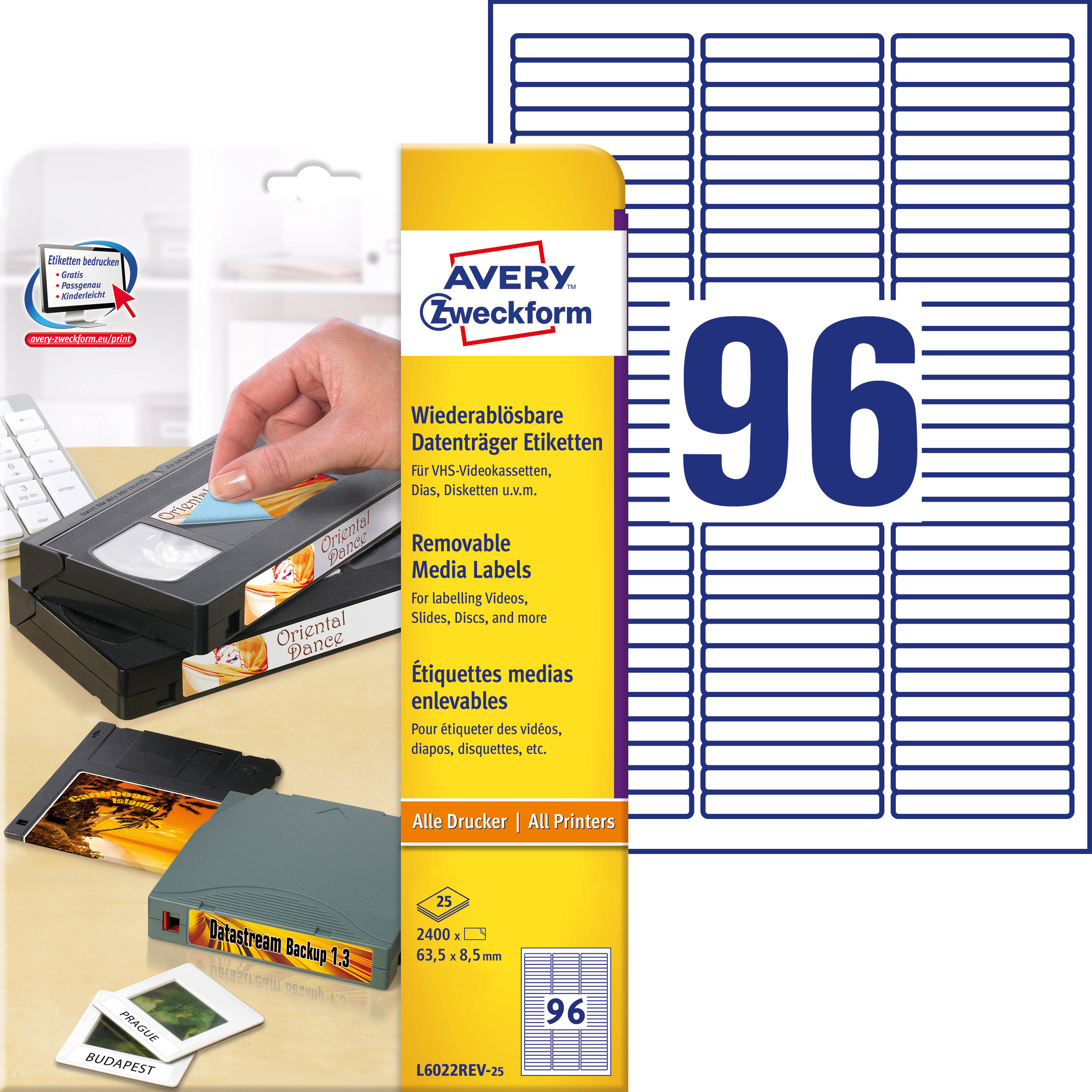 Usuwalne etykiety na różne nośniki danych Avery Zweckform; A4, 25 ark./op., 63,5 x 8,5 mm, białe