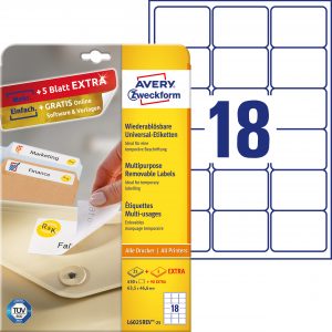 Usuwalne etykiety uniwersalne Avery Zweckform; A4, 30 ark./op., 63,5 x 46,6 mm, białe