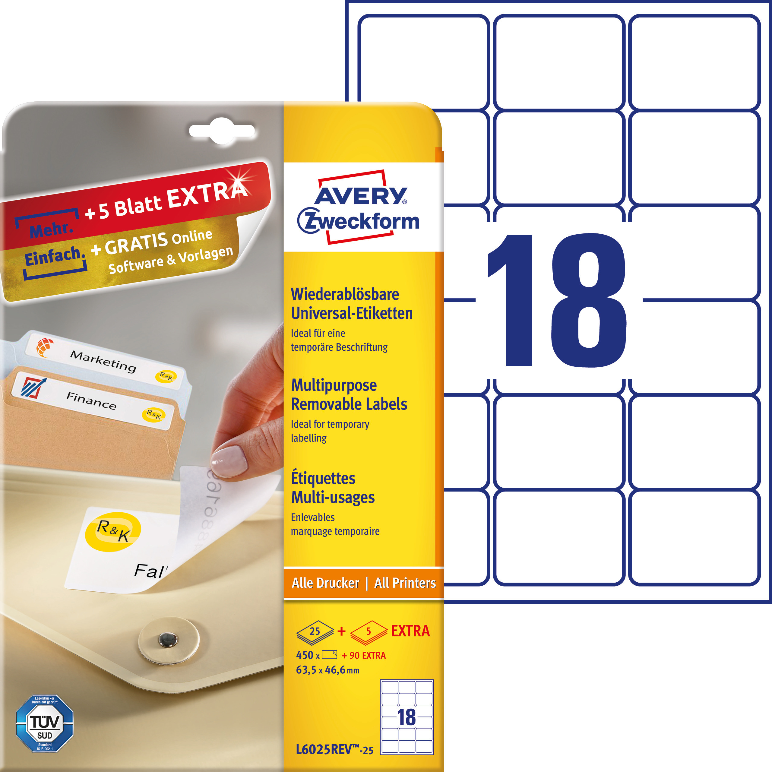 Usuwalne etykiety uniwersalne Avery Zweckform; A4, 30 ark./op., 63,5 x 46,6 mm, białe