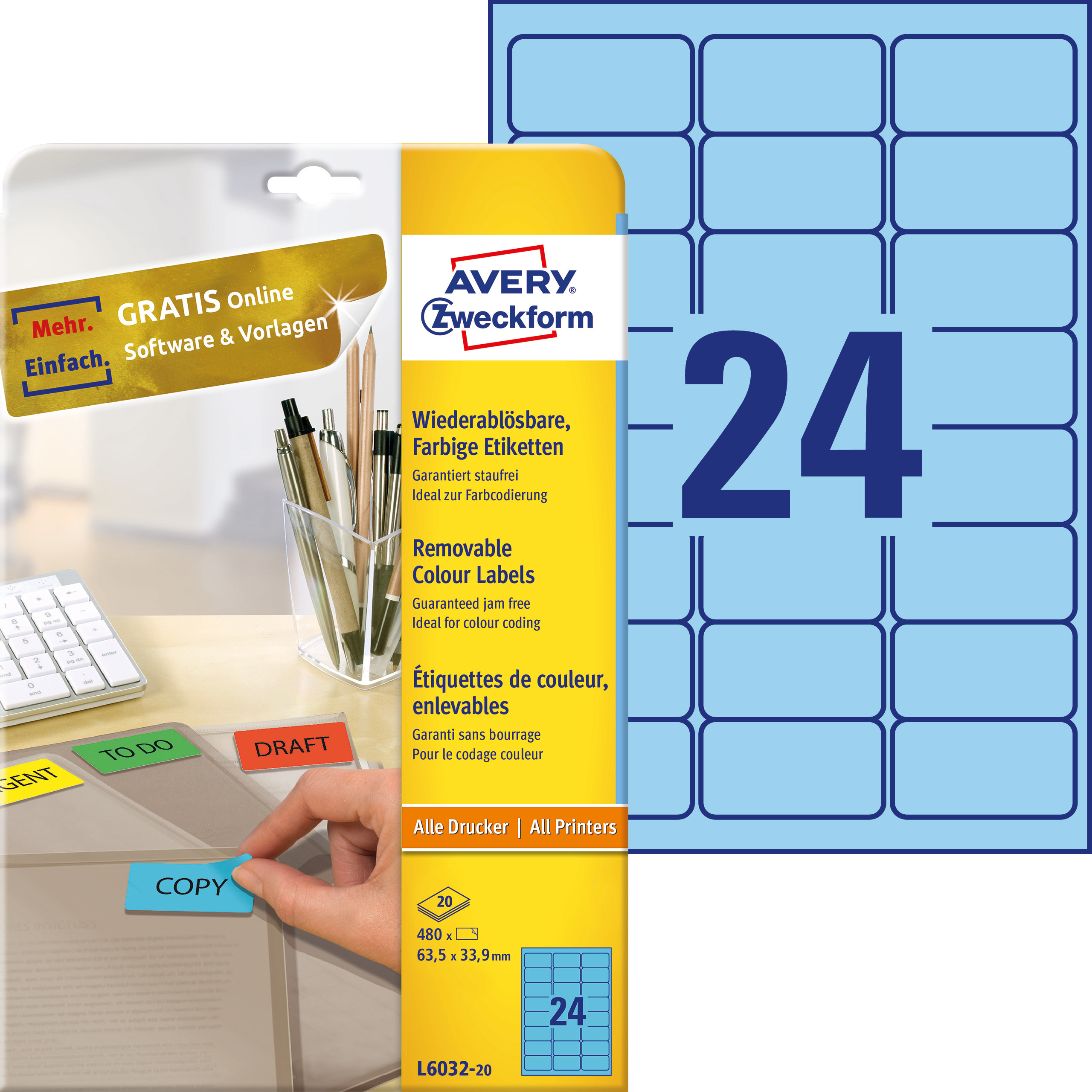 Etykiety usuwalne kolorowe Avery Zweckform; A4, 20 ark./op., 63,5 x 33,9 mm, niebieskie