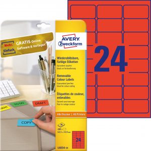 Etykiety usuwalne kolorowe Avery Zweckform; A4, 20 ark./op., 63,5 x 33,9 mm, czerwone