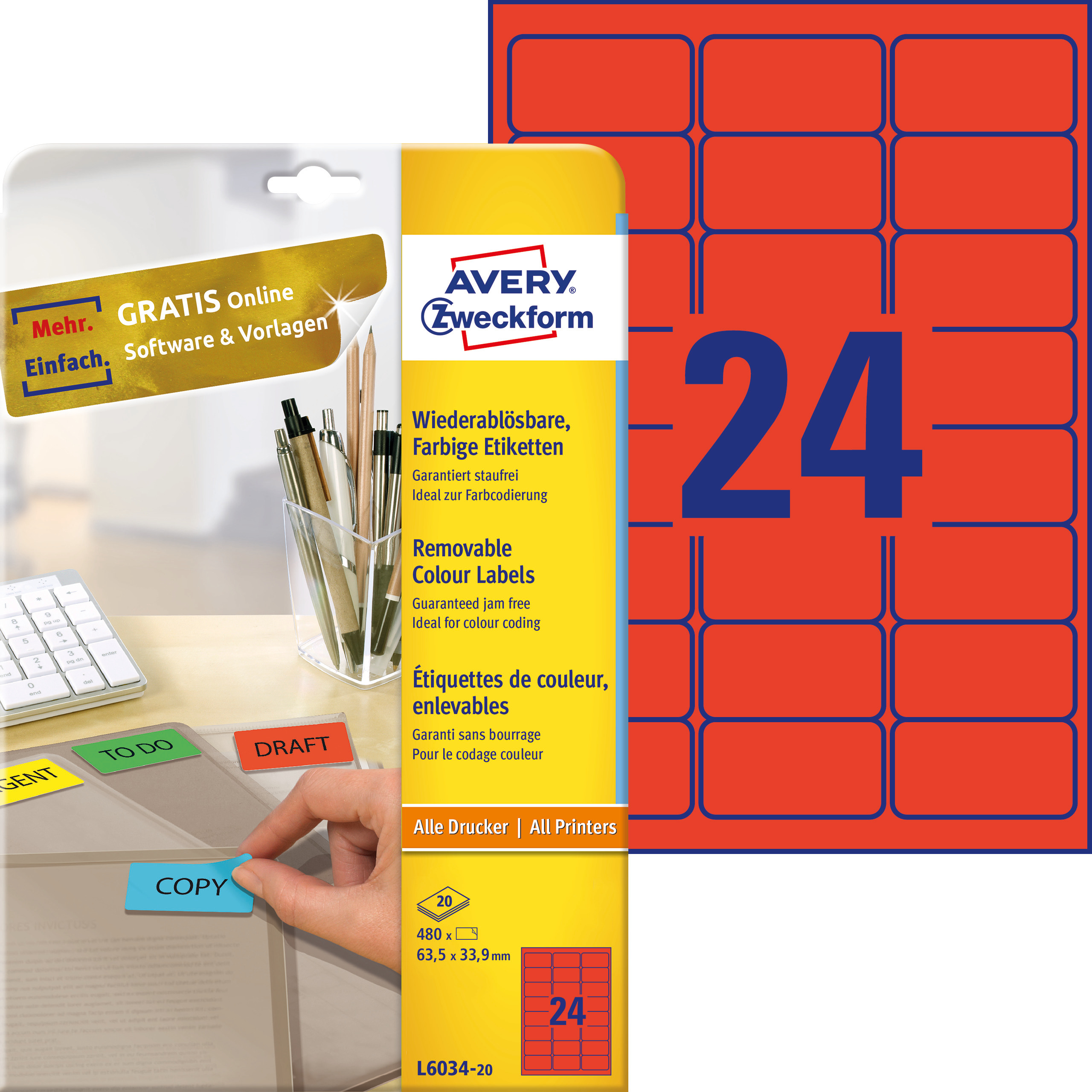 Etykiety usuwalne kolorowe Avery Zweckform; A4, 20 ark./op., 63,5 x 33,9 mm, czerwone