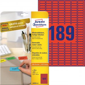 Etykiety usuwalne kolorowe Avery Zweckform; A4, 20 ark./op., 25,4 x 10 mm, czerwone