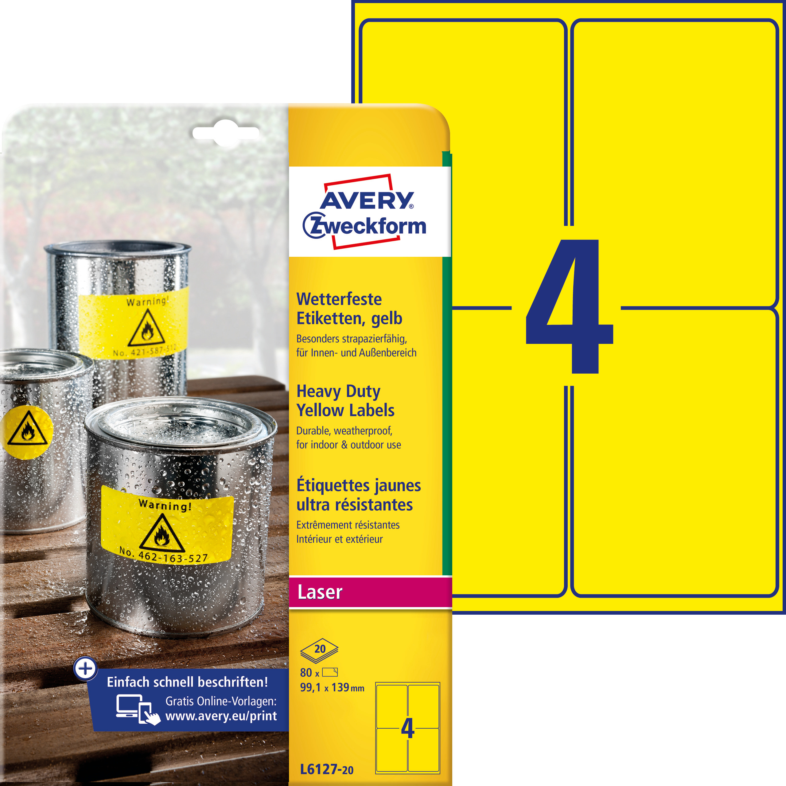 Etykiety Heavy Duty Avery Zweckform; A4, 20 ark./op., 99,1 x 139 mm, żółte, poliestrowe