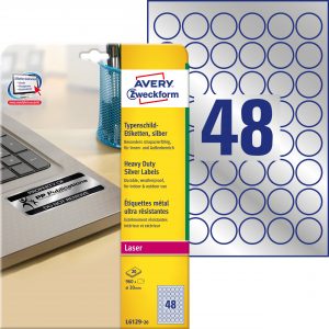 Etykiety znamionowe srebrne Avery Zweckform; A4, 20 ark./op., Ø30 mm, poliestrowe