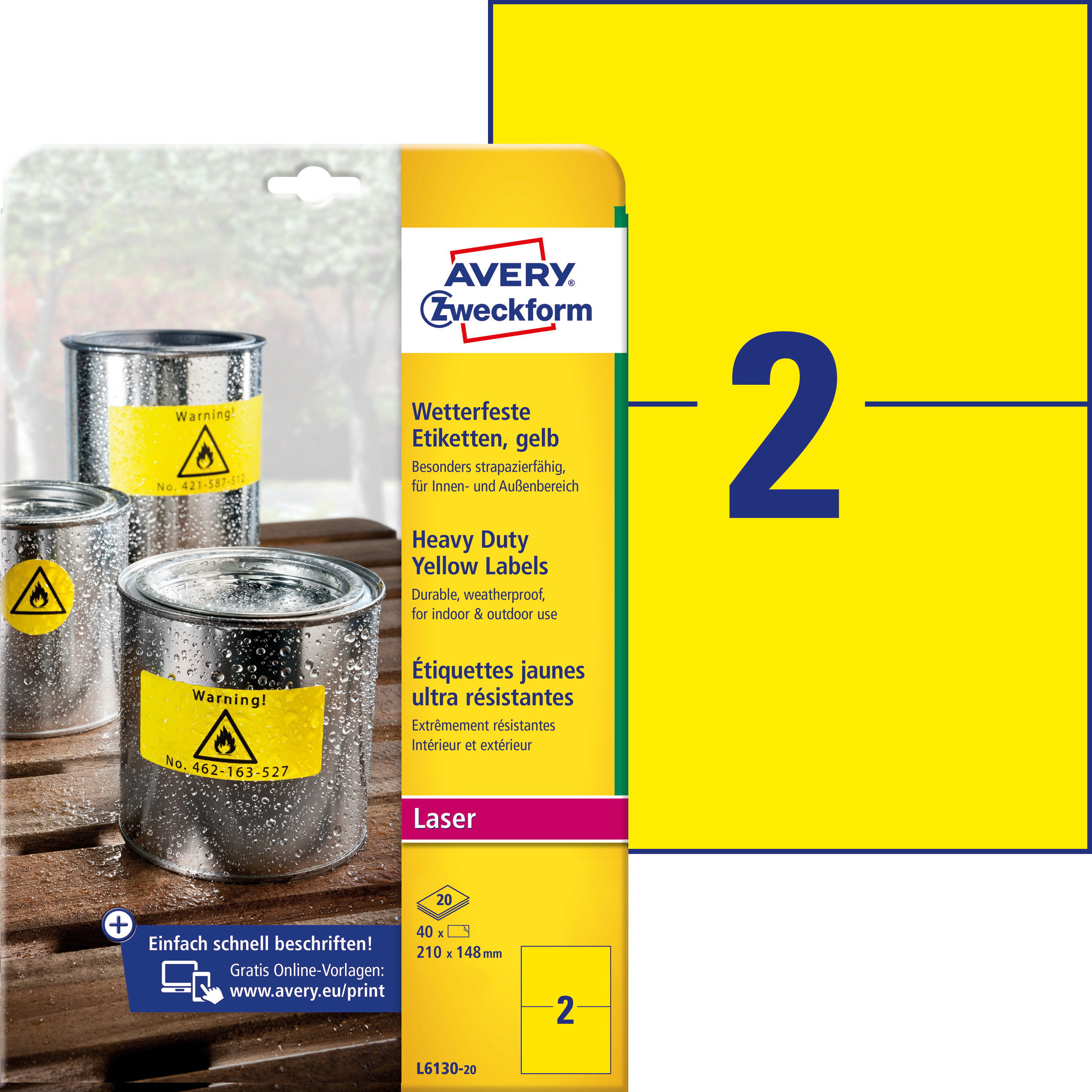 Etykiety Heavy Duty Avery Zweckform; A4, 20 ark./op., 210 x 148 mm, żółte, poliestrowe