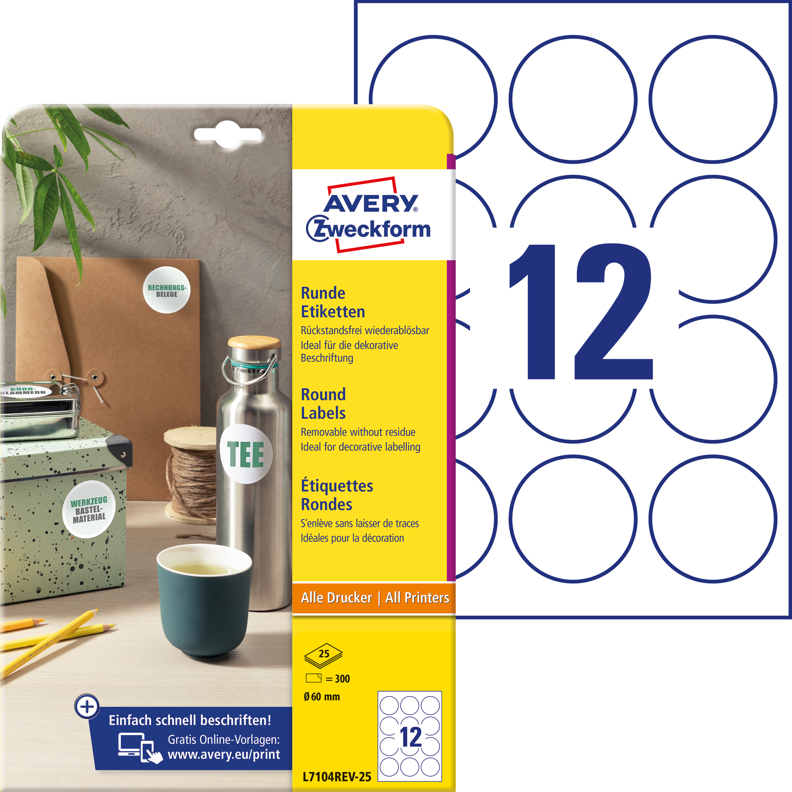 Etykiety okrągłe Avery Zweckform; A4, 25 ark./op., Ø60 mm, białe, usuwalne