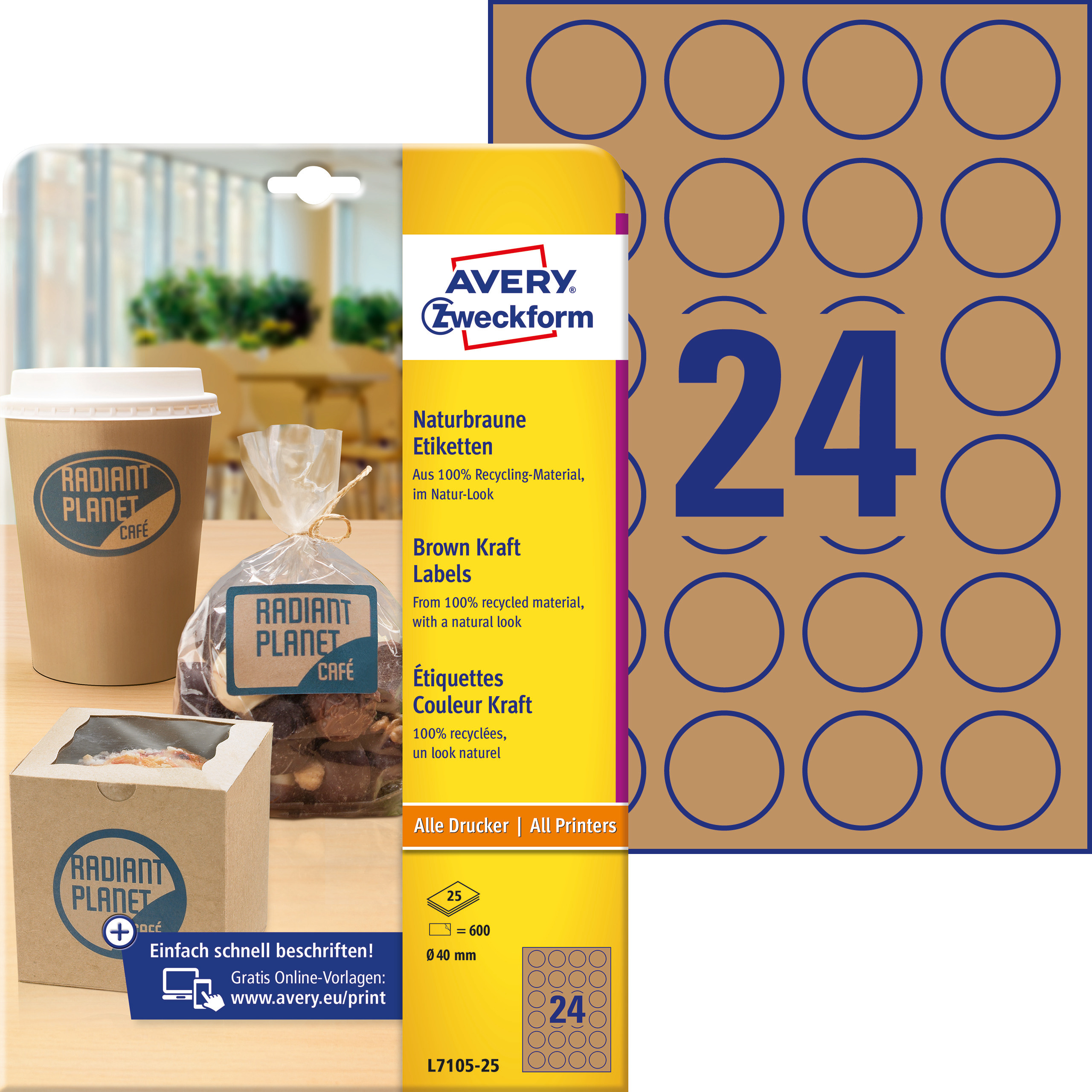 Brązowe etykiety na produkty Avery Zweckform, A4, 25 ark./op., Ø40 mm, okrągłe