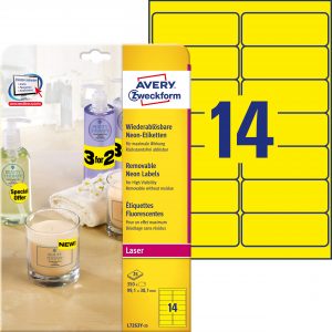 Usuwalne etykiety neonowe Avery Zweckform, A4, 25 ark./op., 99,1 x 38,1 mm, żółte neonowe