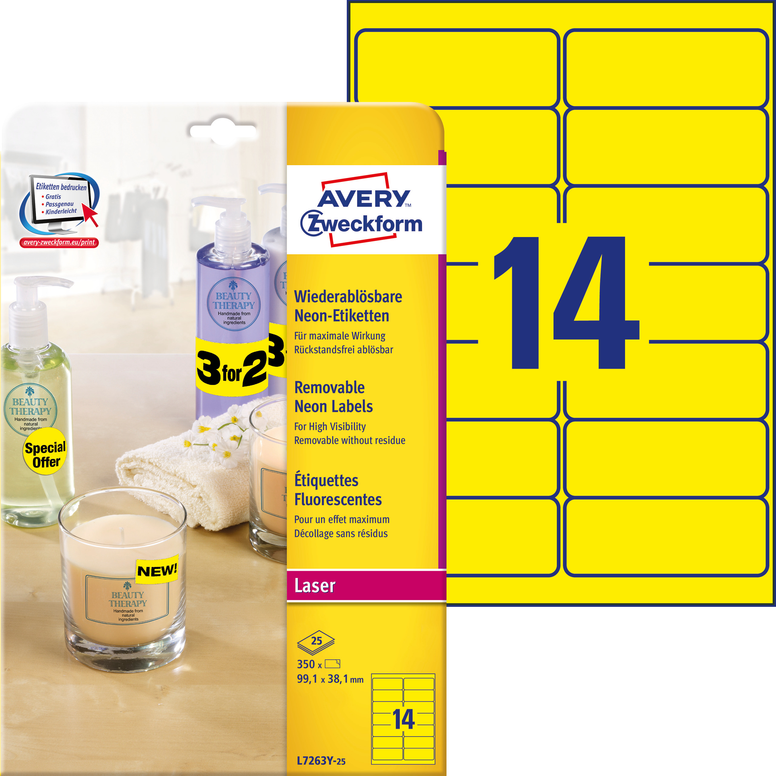 Usuwalne etykiety neonowe Avery Zweckform, A4, 25 ark./op., 99,1 x 38,1 mm, żółte neonowe