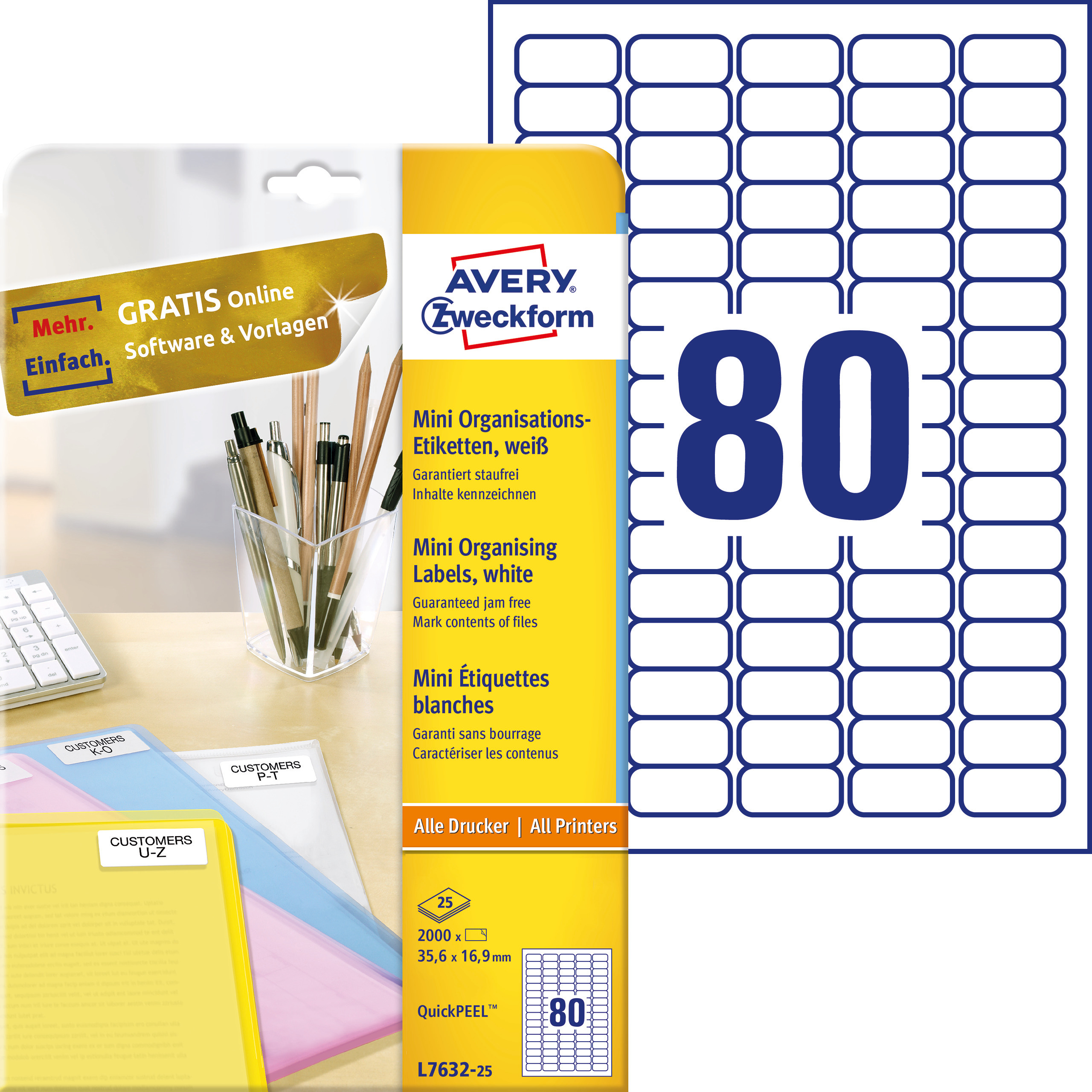 Minietykiety białe Avery Zweckform; A4, 25 ark./op., 35,6 x 16,9 mm