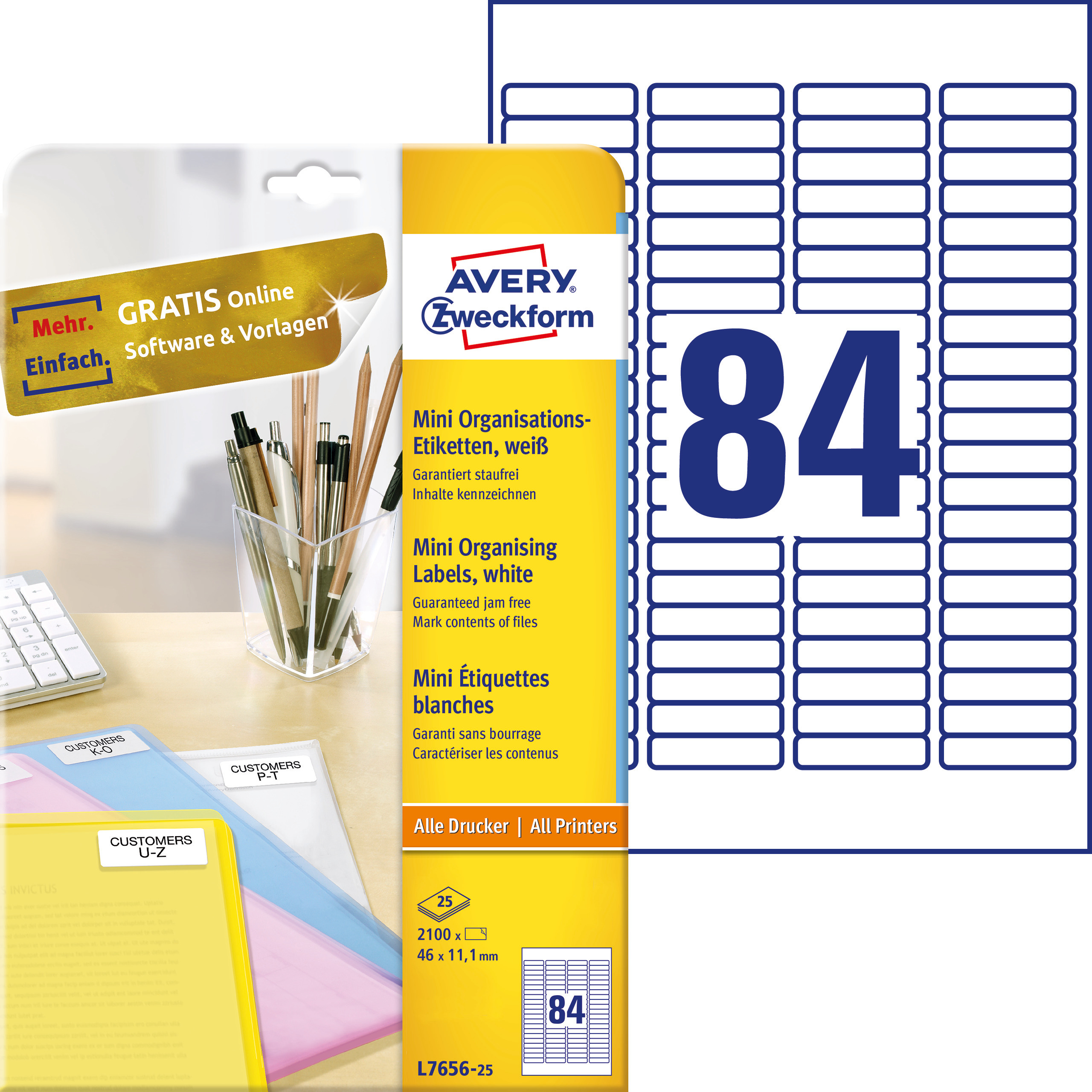 Minietykiety białe Avery Zweckform; A4, 25 ark./op., 46 x 11,1 mm