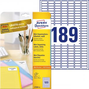 Minietykiety białe Avery Zweckform; A4, 25 ark./op., 25,4 x 10 mm