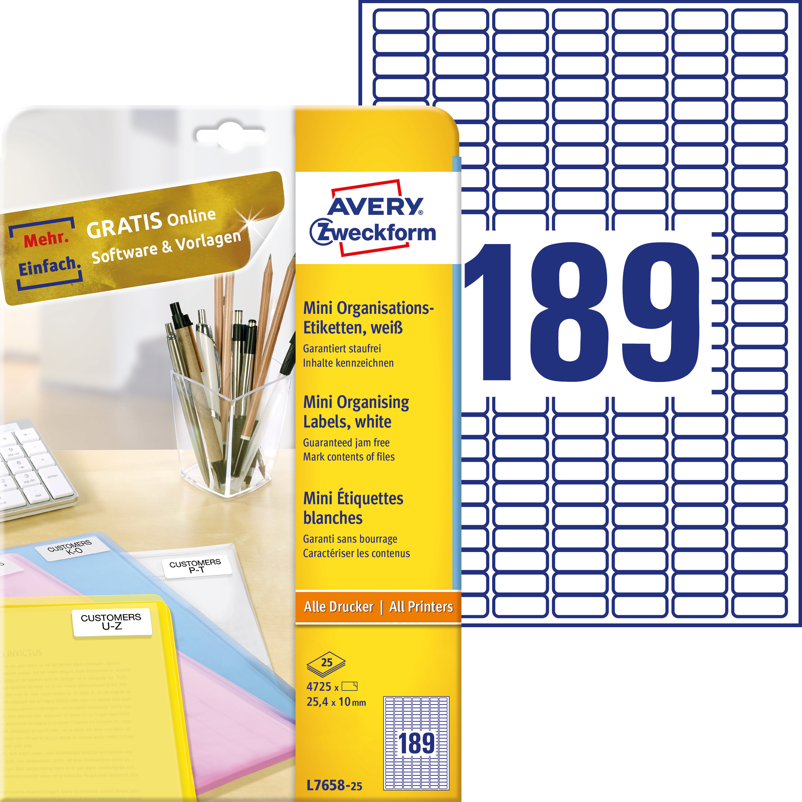 Minietykiety białe Avery Zweckform; A4, 25 ark./op., 25,4 x 10 mm