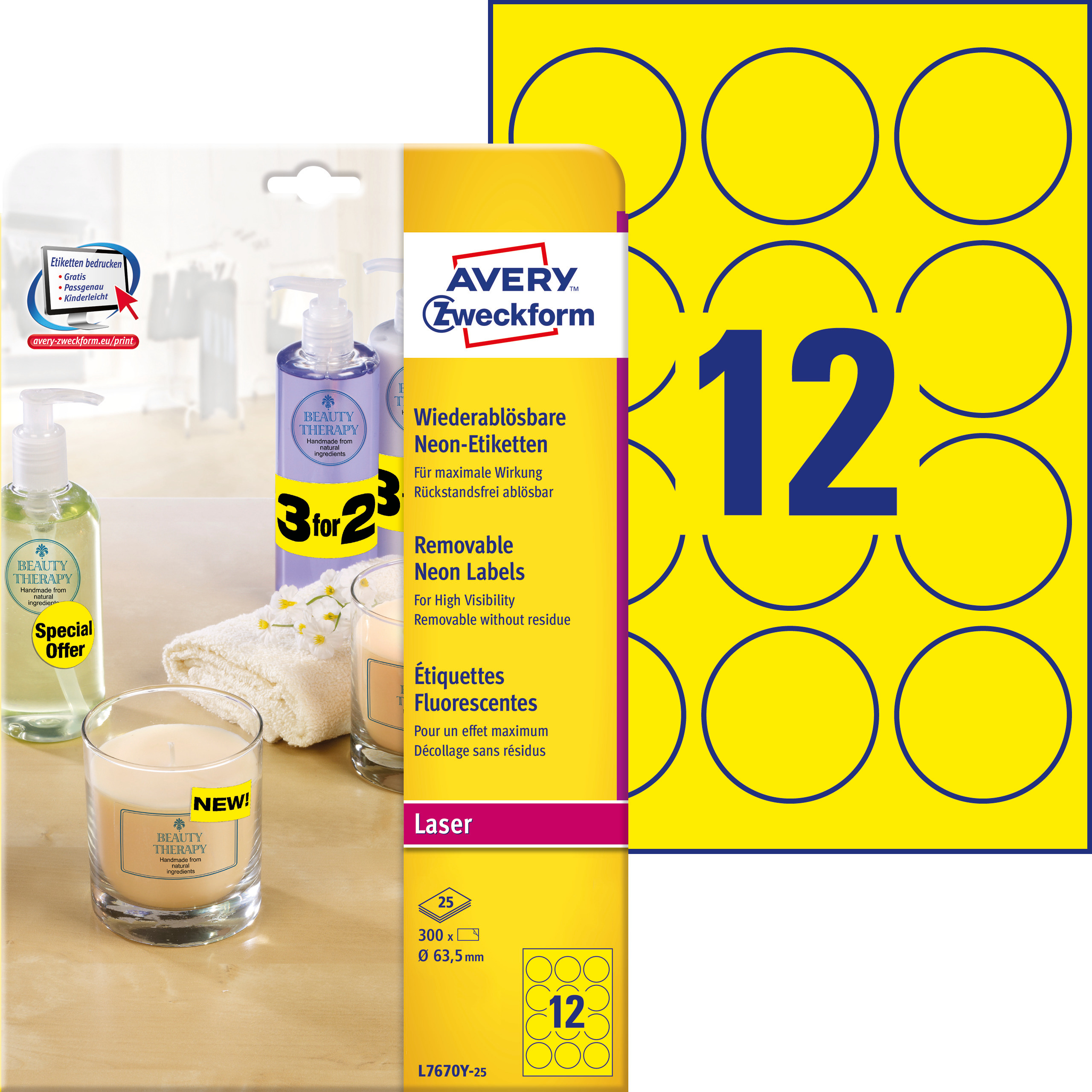 Usuwalne etykiety neonowe Avery Zweckform, A4, 25 ark./op., Ø63,5 mm, żółte neonowe