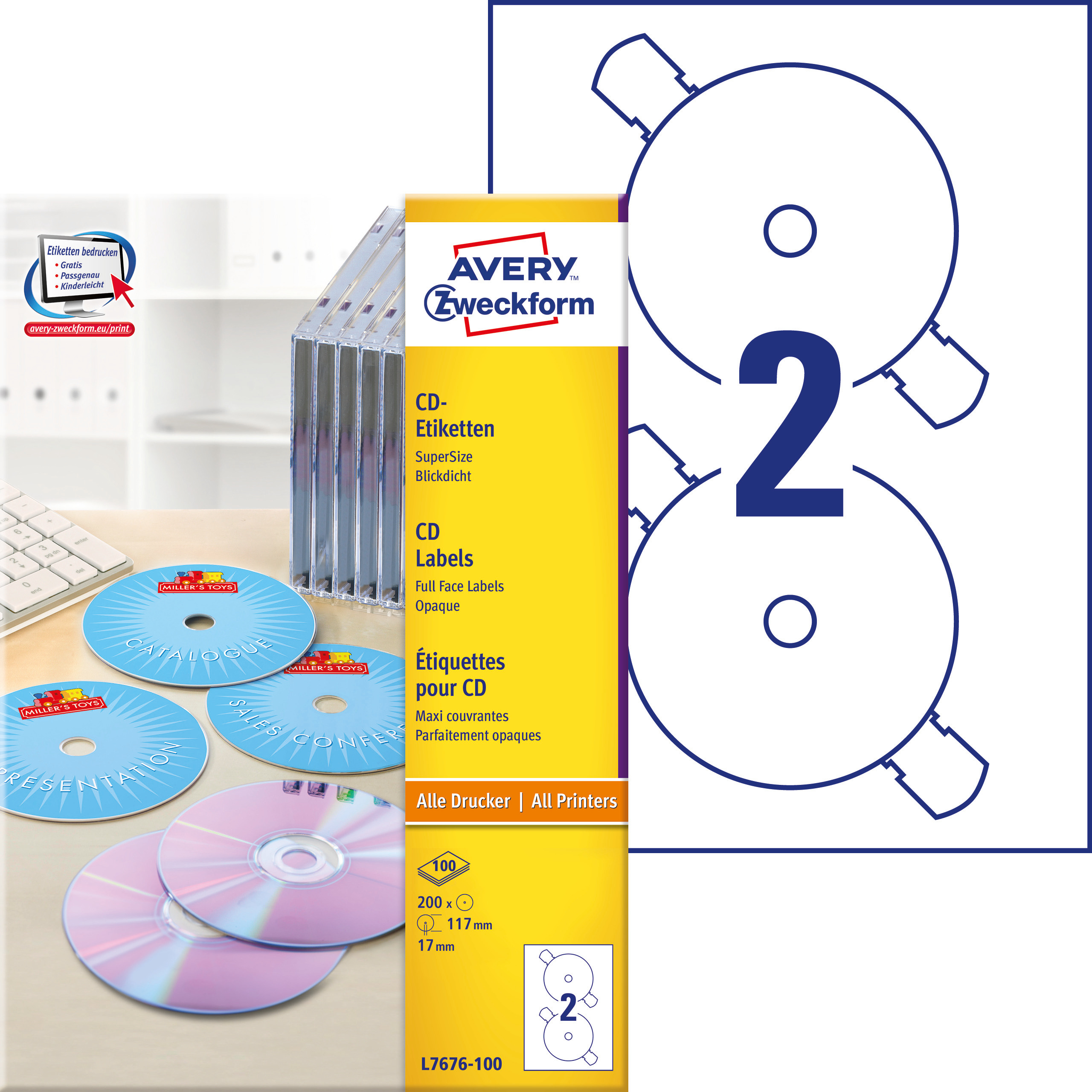 Etykiety na płyty CD Avery Zweckform; A4, 100 ark./op., ø117 mm, białe