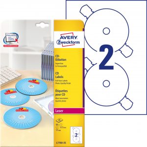 Etykiety na płyty CD Avery Zweckform; A4, 25 ark./op., ø117 mm, błyszczące