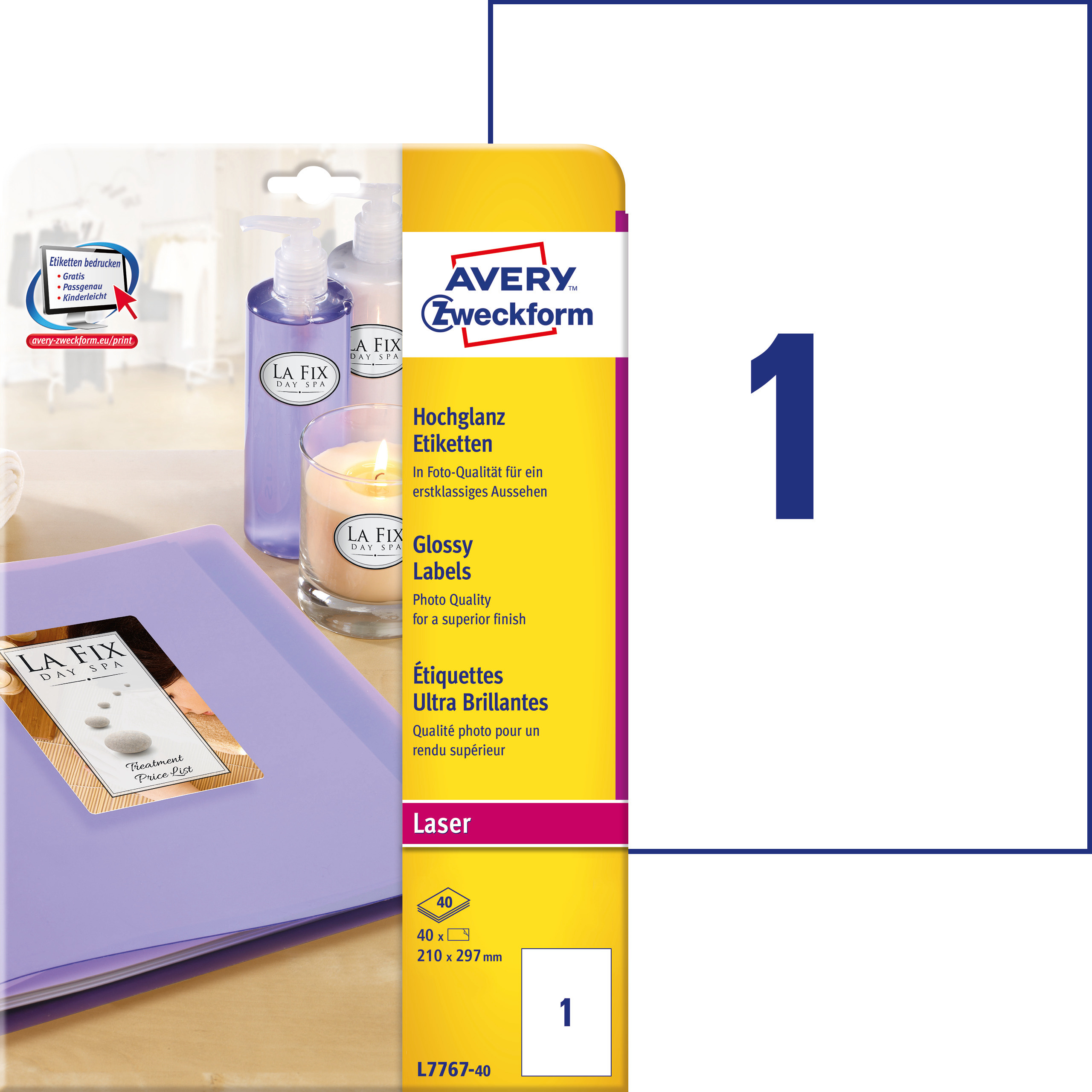 Etykiety błyszczące Avery Zweckform, A4, 40 ark./op., 210 x 297 mm, białe