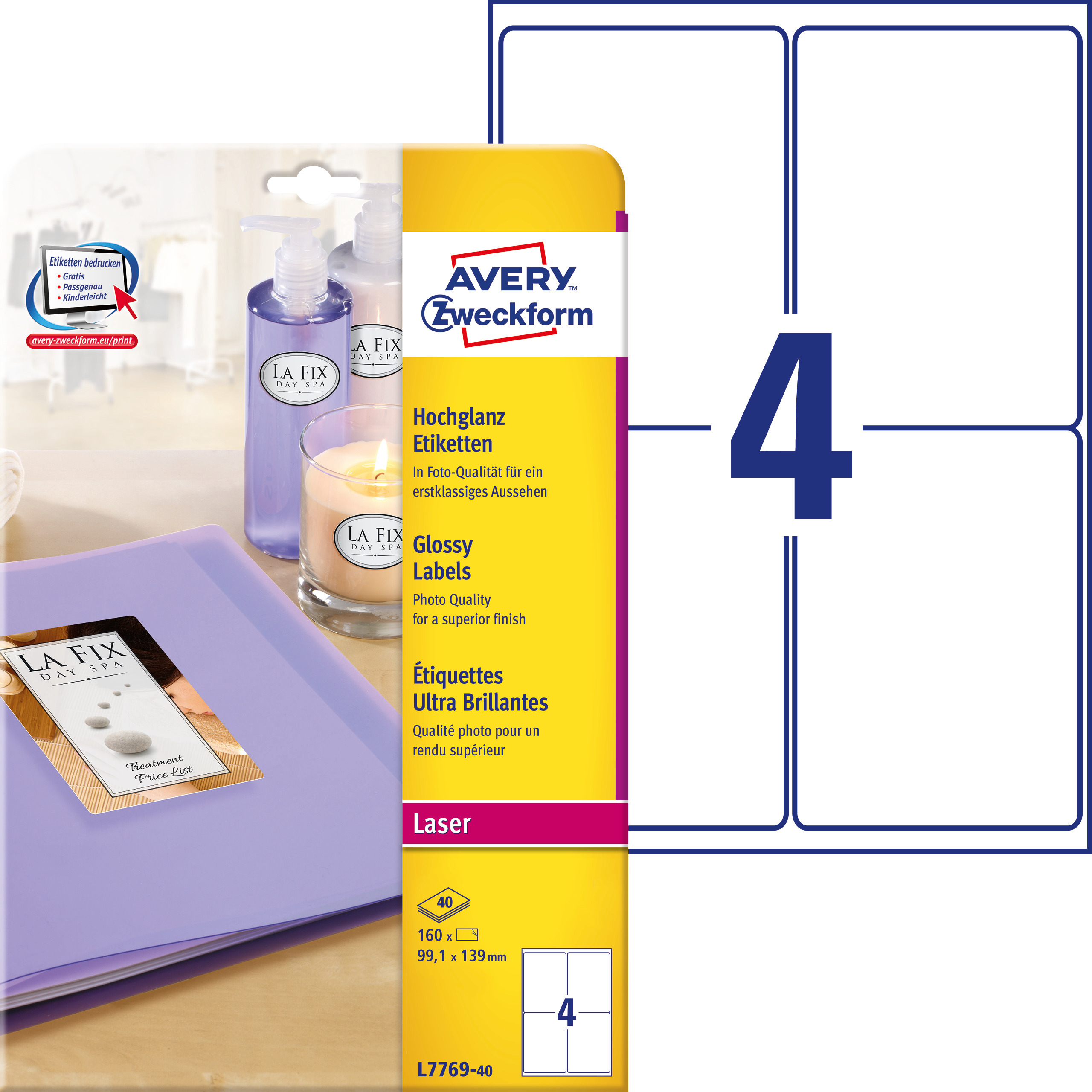 Etykiety błyszczące Avery Zweckform, A4, 40 ark./op., 99,1 x 139 mm, białe