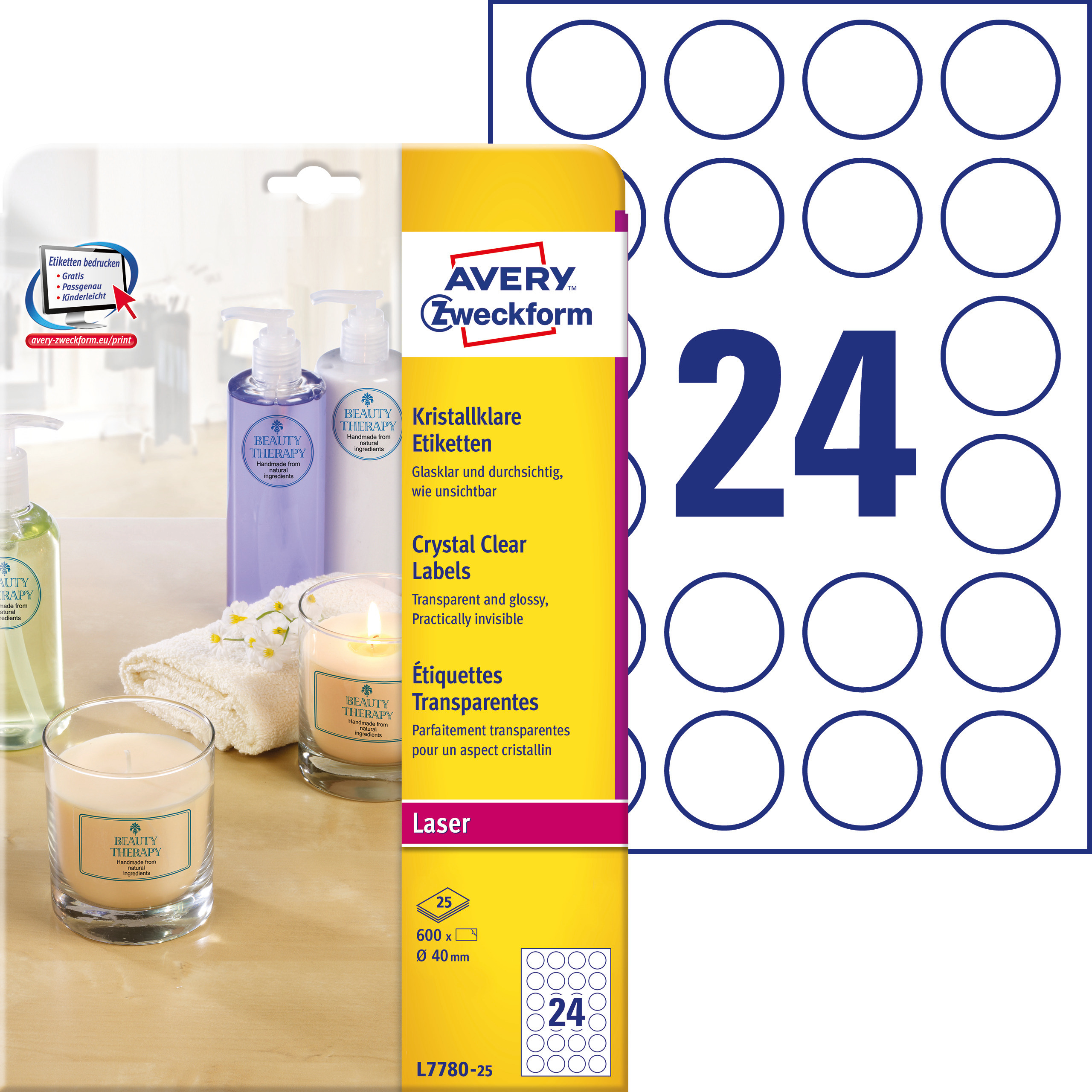 Etykiety przezroczyste Crystal Clear Avery Zweckform, A4, 25 ark./op., Ø40 mm