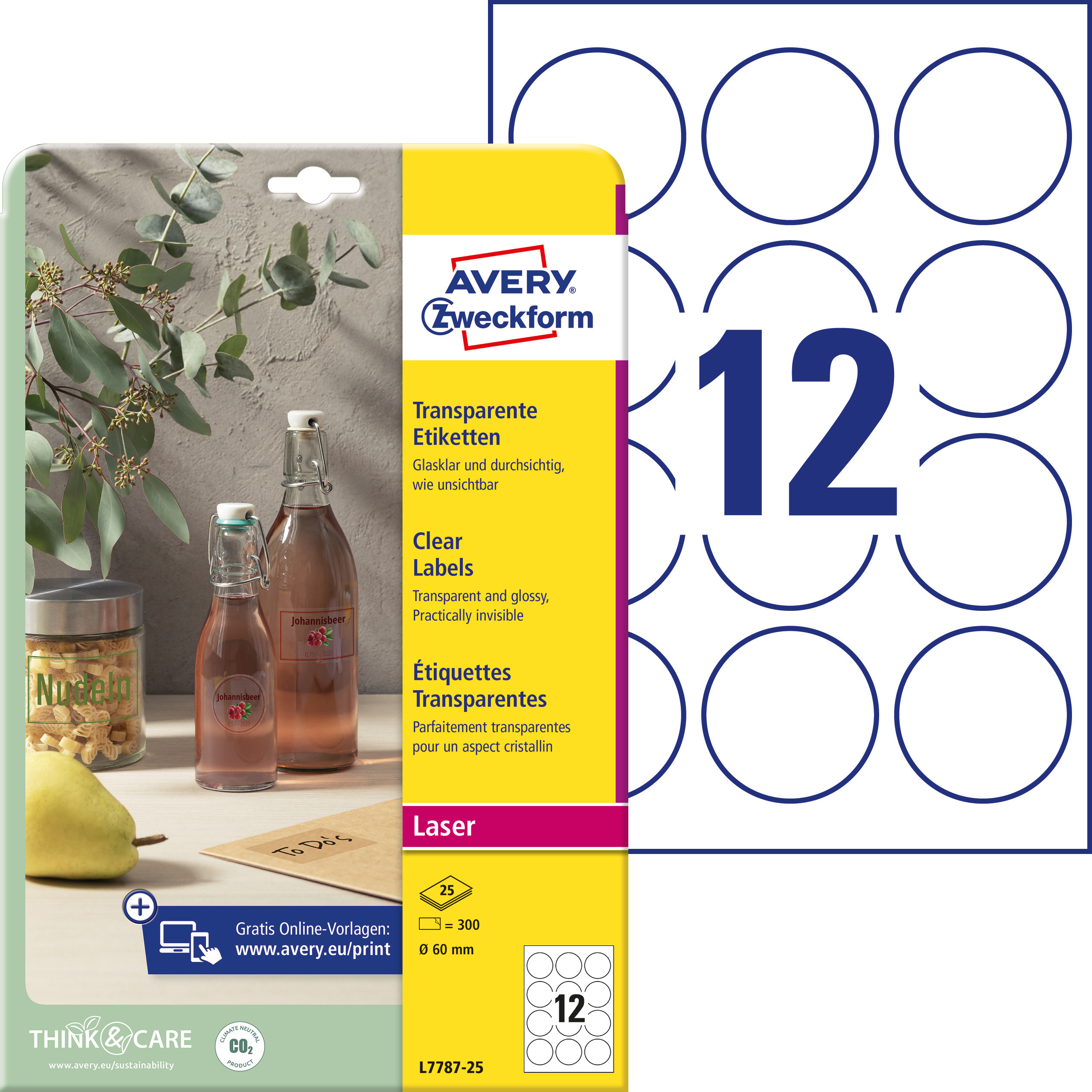 Etykiety przezroczyste Crystal Clear Avery Zweckform, A4, 25 ark./op., Ø60 mm