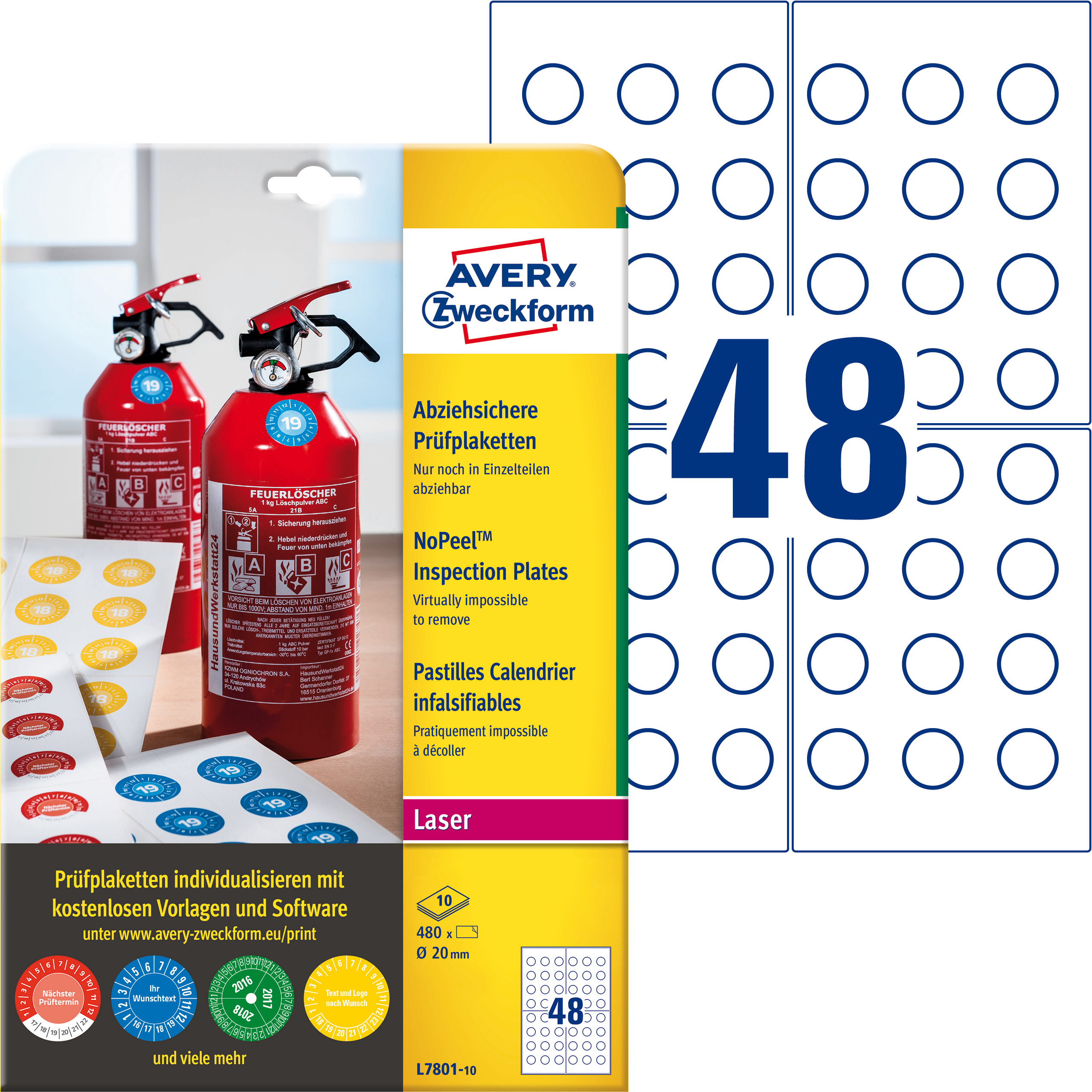 Tabliczki inspekcyjne No Peel Avery Zweckform, A4, 10 ark./op., 480 et./op.; Ø20mm, białe